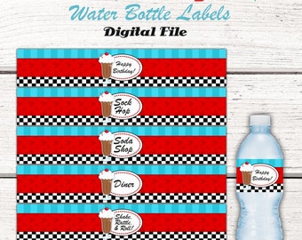 1950's Water Bottle Labels, Fifties Birthday Party, 50's Birthday Party Decor, Instant Download, Sock Hop, Diner, 1950's birthday party RED