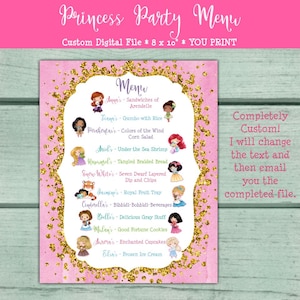 Menu personnalisé de fête d’anniversaire de princesse, menu de douche de bébé de princesse, cartes de menu, menu de petite princesse, décor de fête de princesse, VOUS IMPRIMEZ