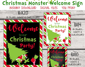 Letrero de bienvenida del Monstruo Navideño Verde Malvado. Póster de Gruñón Navideño. Letrero para fiesta navideña. Letrero para mesa navideña. Decoración para fiesta navideña de Malvado.