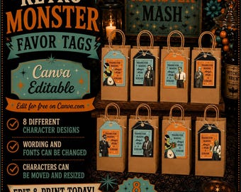 Retro Monster Favor Tags Template | Canva Editable Halloween Party Favor Gift Tags | Monster Mash Treat Bag Tags | Instant Download