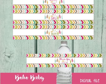 Printable Boho Baby Shower Water Bottle Labels - Bohemian Feathers and Arrow Print Baby Shower Water Bottle Labels - Pink, Green, Aqua, Blue