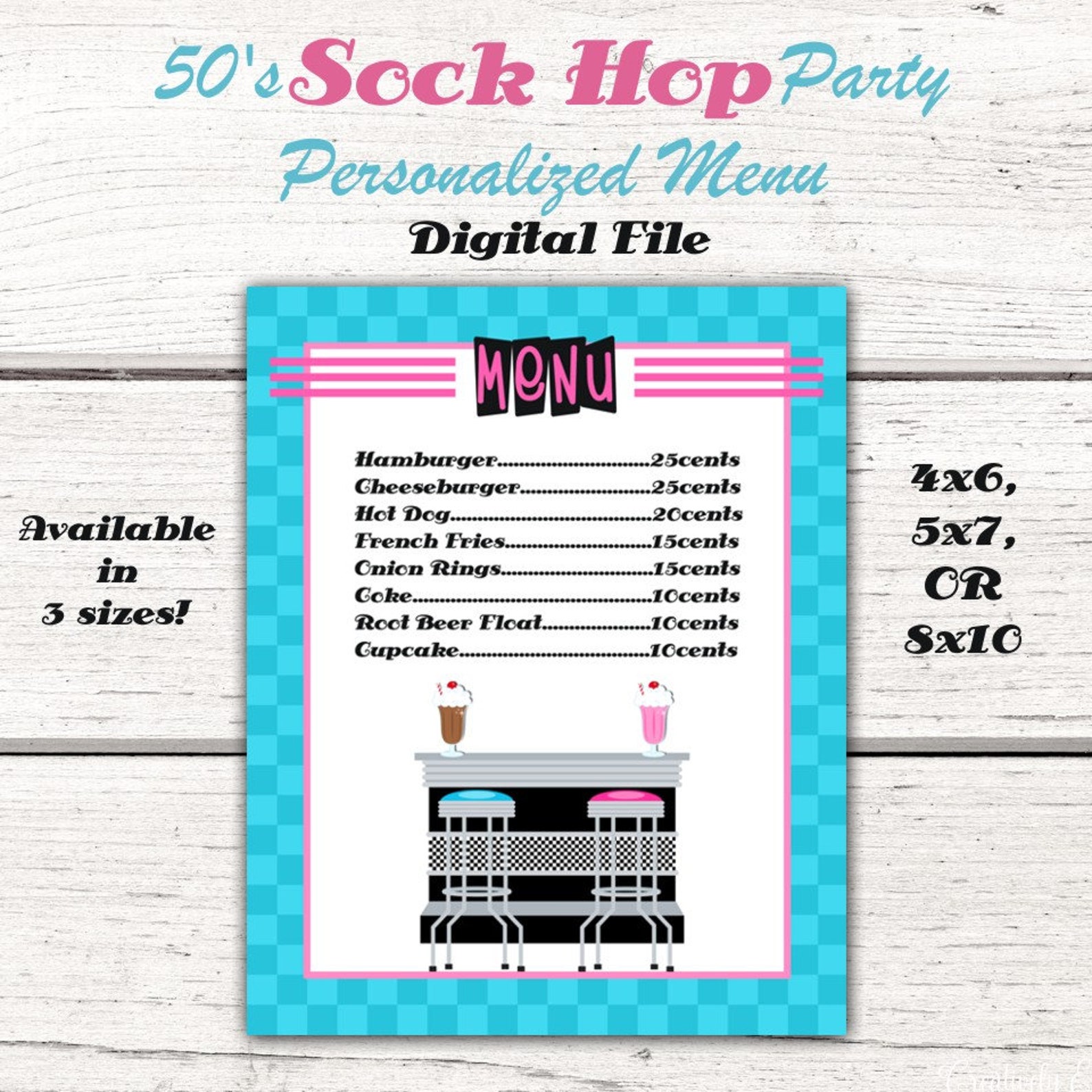 1950's Birthday Party Menu, 50's, Fifties, Sock Hop, Diner, 50's Party