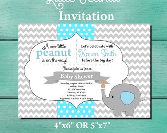 Gray and Blue Chevron Baby Shower Invitation. Digital file. Invite. Little Peanut Baby Shower Invitation. Elephant Baby Shower Invitation.