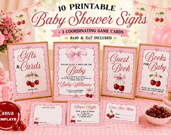 Paquete de letreros para baby shower con temática de cerezas / 10 letreros imprimibles + tarjetas de juego / Decoración rosa para baby shower con temática de cerezas / Descarga instantánea