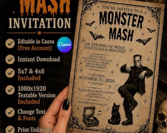 Invitación vintage para fiesta de monstruos / Plantilla editable para invitación a fiesta de Halloween / Editable en Canva / Descarga instantánea / Imprimible en tamaños 5x7 y 4x6