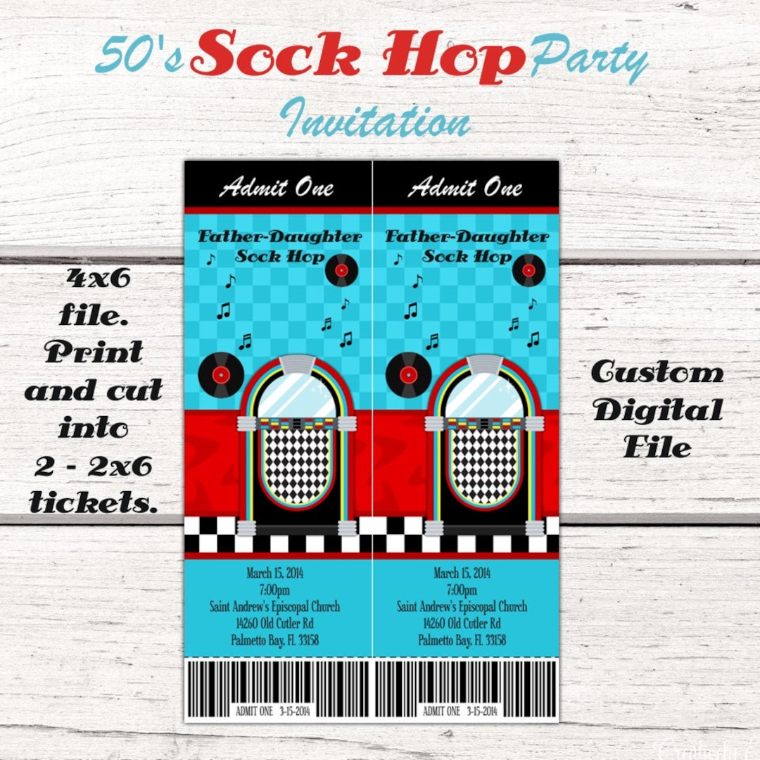 1950's Ticket Style Invitation, Birthday Invitation, 50's, Sock Hop ...