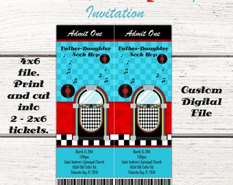 1950's Ticket Style Invitation, Birthday Invitation, 50's, sock hop invite, Diner, Jukebox, 50's Party Invitation, Baby Shower, RED