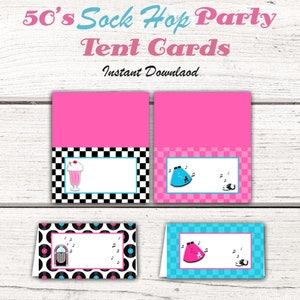May include: Four printable 50's Sock Hop Party tent cards. Two cards feature a pink background with a black and white checkered pattern and a milkshake or a girl in a blue skirt. The other two cards feature a blue background with a black and white record pattern and a girl in a pink skirt or a jukebox.