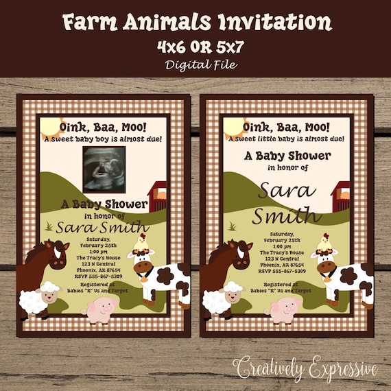 Farm Animals Baby Shower Invitation. Barnyard Baby Shower. Barnyard Friends. Baby Farm Animals