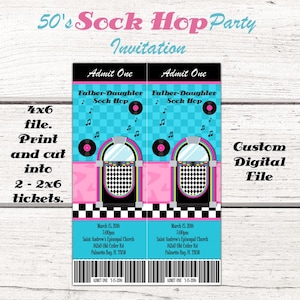 May include: Two printable 2x6 inch tickets for a Father-Daughter Sock Hop party. The tickets feature a retro jukebox design with a black and white checkered background, pink and blue accents, and a record player. The text on the tickets reads "Father-Daughter Sock Hop" and includes the date, time, and location of the event. The tickets are designed to be printed and cut out.