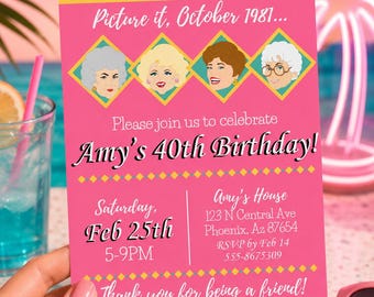 Invitación de Las Chicas de Oro. Invitación de cumpleaños personalizada inspirada en Las Chicas de Oro. Invitación para fiesta de Las Chicas de Oro. Fiesta de Las Chicas de Oro. Tema de la serie de los 80.