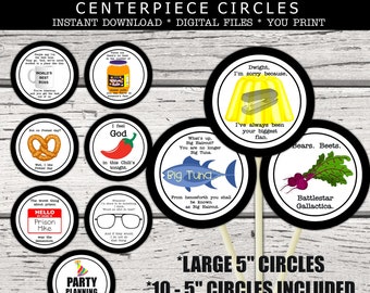 May include: Ten 5-inch round printable circles featuring quotes and images from the popular television show "The Office". The circles are black and white with a black border and white text. The text includes quotes such as "Bears. Beets. Battlestar Galactica." and "I feel God in this Chili's tonight."