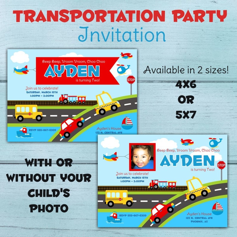 Custom Transportation Birthday Party Invitation. Birthday Party Invite. Planes. Trains. Automobiles. Car. Bus. Boat. Helicopter. YOU PRINT image 1