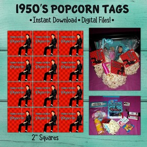 1950&#39;s Birthday Popcorn Tags, Fifties Birthday Party, 50&#39;s Birthday Party Favors, Grease Inspired Party, Stranded at the Drive In, DIY