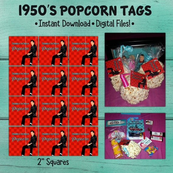 1950's Birthday Popcorn Tags, Fifties Birthday Party, 50's Birthday Party Favors, Grease Inspired Party, Stranded at the Drive In, DIY Il_570xn
