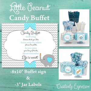 Gray and Blue Chevron Baby Shower Candy Buffet Sign. Little Peanut Baby Shower. Elephant Baby Shower. Candy Buffet Candy Jar labels.