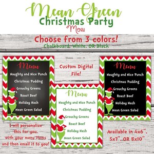 Op de afbeelding: Afdrukbaar kerstmenu met een Grinch-personage. Het menu bevat opties zoals "Naughty and Nice Punch" en "Mean Green Salad". Het menu is verkrijgbaar in drie kleuren: schoolbord, wit of zwart. Het menu is verkrijgbaar in drie formaten: 4x6 inch, 5x7 inch of 8x10 inch.
