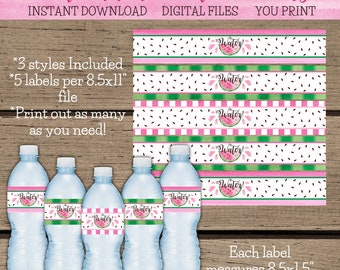 Watermelon Birthday Party Water Bottle Labels. Drink Labels. Party Labels. One in a Melon. Summer party decorations. Baby Shower labels