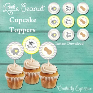 Gray and Yellow Chevron Baby Shower Cupcake Toppers. Little Peanut Baby Shower Cupcake Toppers. Elephant Baby Shower. Baby Girl. Baby Boy