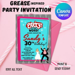 Zaproszenie na przyjęcie urodzinowe w stylu lat 50., inspirowane Grease, lata pięćdziesiąte, lata 50., sock hop, impreza w stylu lat 50., zaproszenie na sock hop, wieczór panieński, baby shower
