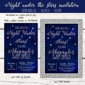 May include: A blue and silver invitation with a starry night sky background. The invitation reads "Night Under the Stars!" to celebrate Abigayle's Sweet Sixteen. The invitation is available in two sizes, 4x6 inches with no border and 5x7 inches with a glitter border.