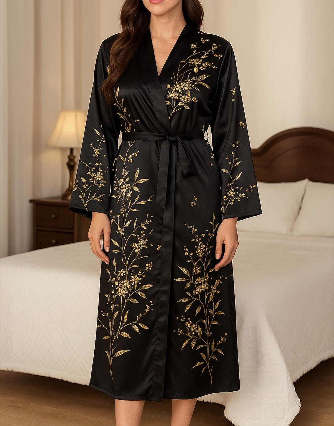 Elegant Satin Floral Nightgown Robe | Long Silk-feel Sleepwear Kimono ...