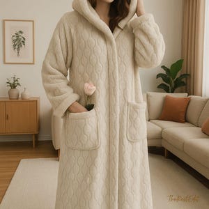 Cozy Hooded Quilted Robe, Cream Loungewear and Sleepwear for Women, One Size Fits All Soft Plush Robe - Etsy Cozy Hooded Quilted Robe, Cream Loungewear and Sleepwear for Women, One Size Fits All Soft Plush Robe - Etsy
