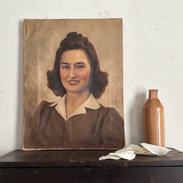 vintage portrait painting oil on canvas female portrait circa 1940