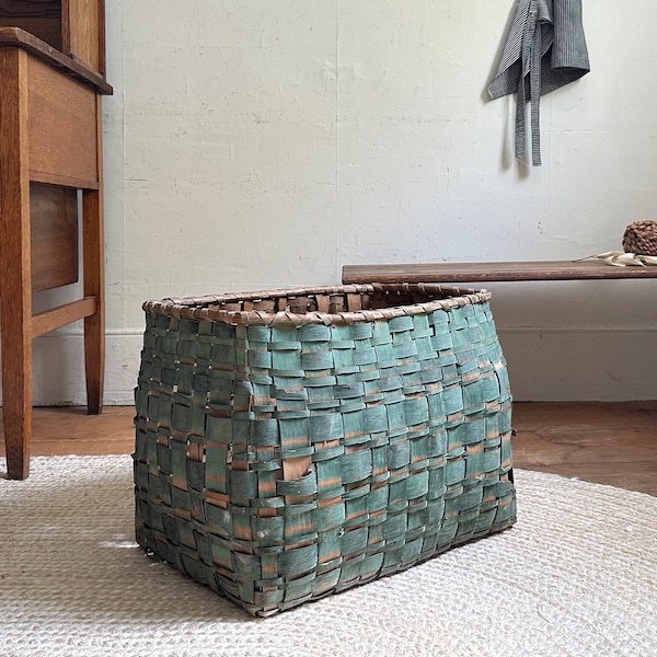 cesta de almacenamiento vintage gran cesta antigua fresno férula casa de campo antigüedades decoración rústica del hogar