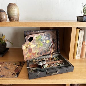 vintage painter’s box w. palette antique oil paint tubes brushes artist pochade