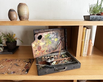 vintage painter’s box w. palette antique oil paint tubes brushes artist pochade