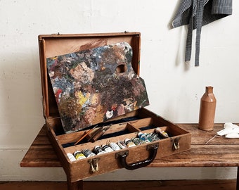 vintage painter’s box w. artist palette contents wood box art supplies artist’s box oil paints pochade