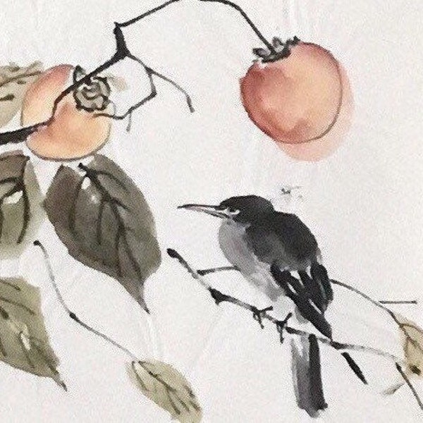 pintura de acuarela vintage, pájaro con caquis, arte minimalista, arte moderno de mediados de siglo, arte original, pintura con pincel, sumi-e, pintura de tinta