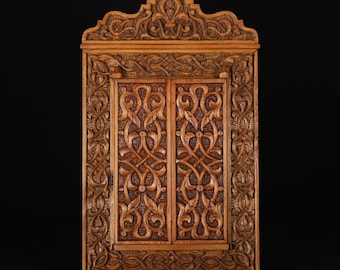 Moroccan Hand Carved Wood Mirror 12.2"x20.4" , Boho Wall Decor , Small Wooden Mirror , Rustic Handmade Marrakech Mirror