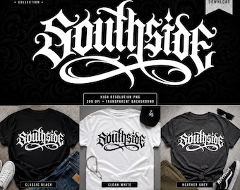 Estilo de tatuaje chicano del sur de la ciudad PNG / Diseño tipográfico gótico en letra gótica / Descarga digital de alta resolución