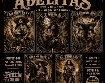 Barrio Adelitas Vol. 1 / 5 Láminas Digitales Chicanas del Oeste Vintage / Arte Mural Latino (Descarga Digital)