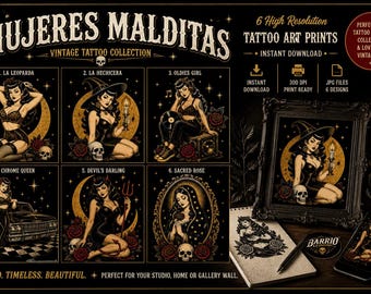 Colección de diseños de tatuajes / Paquete de arte pin-up chicano / Ilustraciones rockabilly vintage / Decoración de pared estilo lowrider gótico / Descarga digital
