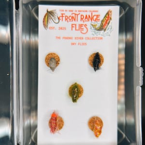 May include: A clear plastic fly fishing tackle box containing five dry flies. The flies are various colors, including red, black, and green, and are mounted on small, round corks. The box also features a label with the text "FRONT RANGE FLIES".