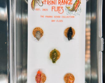 May include: A clear plastic fly fishing tackle box containing five dry flies. The flies are various colors, including red, black, and green, and are mounted on small, round corks. The box also features a label with the text "FRONT RANGE FLIES".