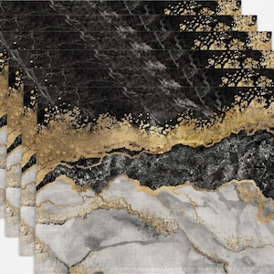 May include: A stack of six placemats with a marble design. The placemats feature a black, white, and gold color scheme. The design has a marbled effect with gold accents, creating a luxurious and elegant look. The placemats are rectangular.