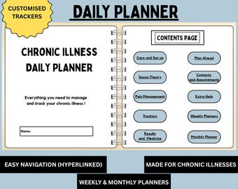 Puede incluir: Un planificador diario digital para enfermedades crónicas, con encuadernación en espiral. El planificador incluye secciones para el cuidado, el manejo del dolor, rastreadores y planificación semanal y mensual. El texto incluye "Chronic Illness Daily Planner".