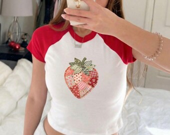 Faux Patchwork Strawberry Raglan Baby Tee, Rustic Gingham Floral Design, Quilted Farmhouse Berry Tee, Strawberry Tee, Cottagecore Aesthetic