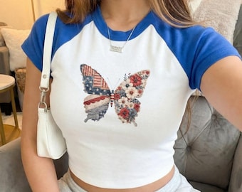 Faux Patchwork Patriotic Butterfly Raglan Baby Tee, Women's USA Butterfly Baby Tee, 4th Of July Tee, Independence Day Gift, Gift for Her