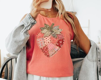 Comfort Colors® Faux Patchwork Strawberry Tank Tops, Rustic Gingham Floral Design, Quilted Farmhouse Berry Tops, Cute Strawberry Top