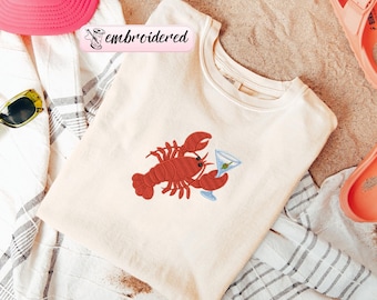Embroidered Lobster Martini Comfort Colors® Tshirt, Coastal Aesthetic T-shirt, Vintage Crawfish Tee, Girls Trip Beach Shirt