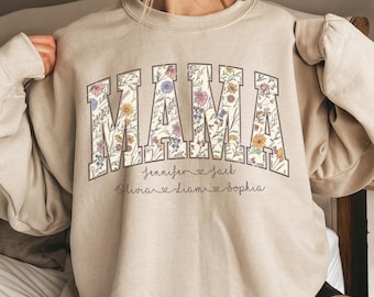 Mama Sweatshirt with Kids Name, Floral Mama Shirt, Mothers Day Gift, Retro Mom Tee, Cute Mom Shirt, Mama Tshirt, Unique Shirt Gift for Mom