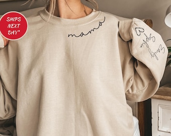 Custom Mama Sweatshirt With Kid Name On Sleeve, Personalized Mom Sweatshirt, Minimalist Momma Hoodie, Gift For Her, Christmas Gift For Mom