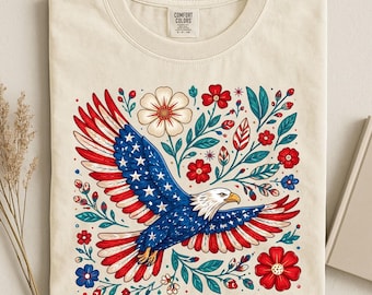 Patriotic Eagle America Graphic Comfort Colors® Shirt, 4th July 250th Year Shirts, Freedom American Shirt, Floral USA Tee