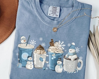 Comfort Colors® Winter Hot Cocoa Shirt, Cozy Winter Drinks Shirt, Snowman Coffee Lovers Tee, Blue Holiday Beverage Shirt, Christmas Drinks
