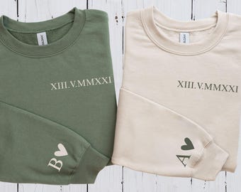Personalized Roman Numeral Matching Sweatshirts, Custom Initials With Heart Sleeve, Anniversaries Outfit, Couple Tee, Valentines Day Gift
